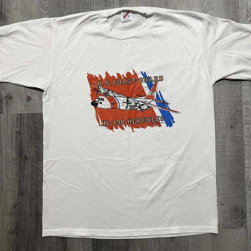 VTG US Coast Guard HC-130 Hercules White 90s Military Transport Aircraft T Shirt